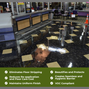 a black and white checkered vct floor at an airport food court sealed with vinylguard vinyl floor sealer