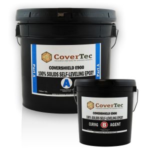 a black buckets with white labels showing Epoxy Concrete Sealer e900 3 gallon kit