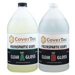 two plastic bottles with labels showing polyaspartic floor coating part A and part B