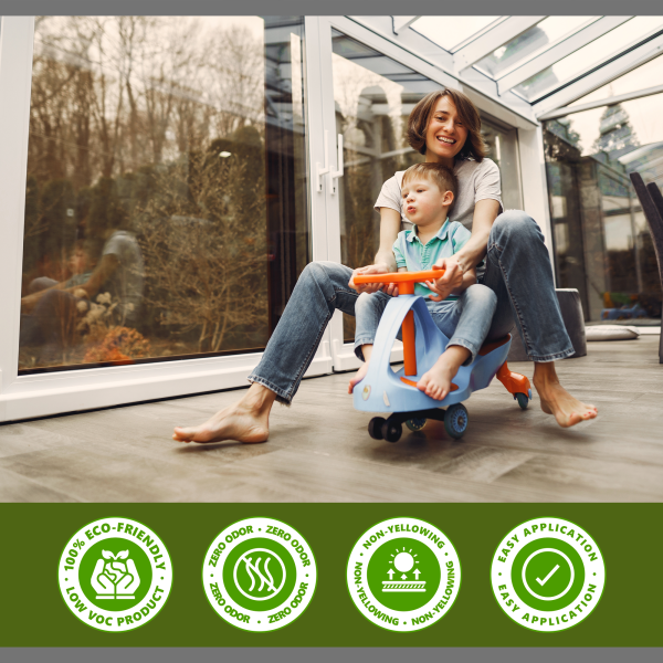 a woman sitting on a toy on floor sealed with lvt sealant